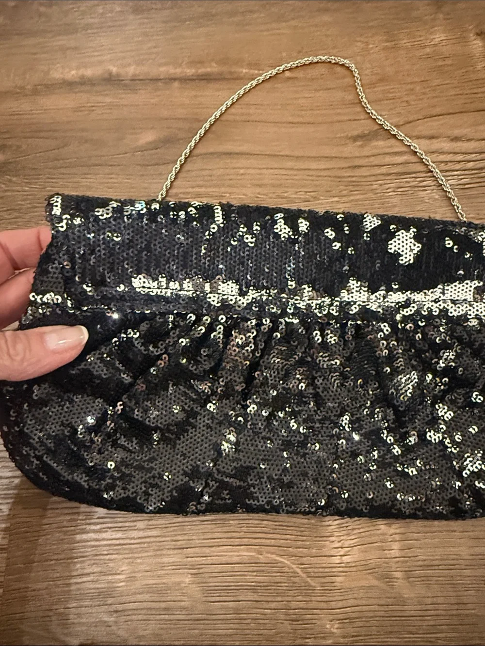 White House Black Market Black Sequin Clutch with silver chain strap - Picture 8 of 8